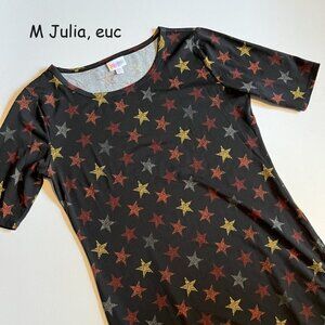 Medium Lularoe Julia sheath dress, black with red, yellow, grey stars